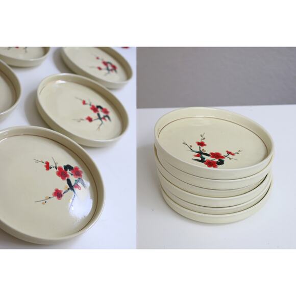 1960's Vintage Japanese Cherry Blossom Dessert Plates ~ Set of 6 ~ Sakura Design - Picture 1 of 9